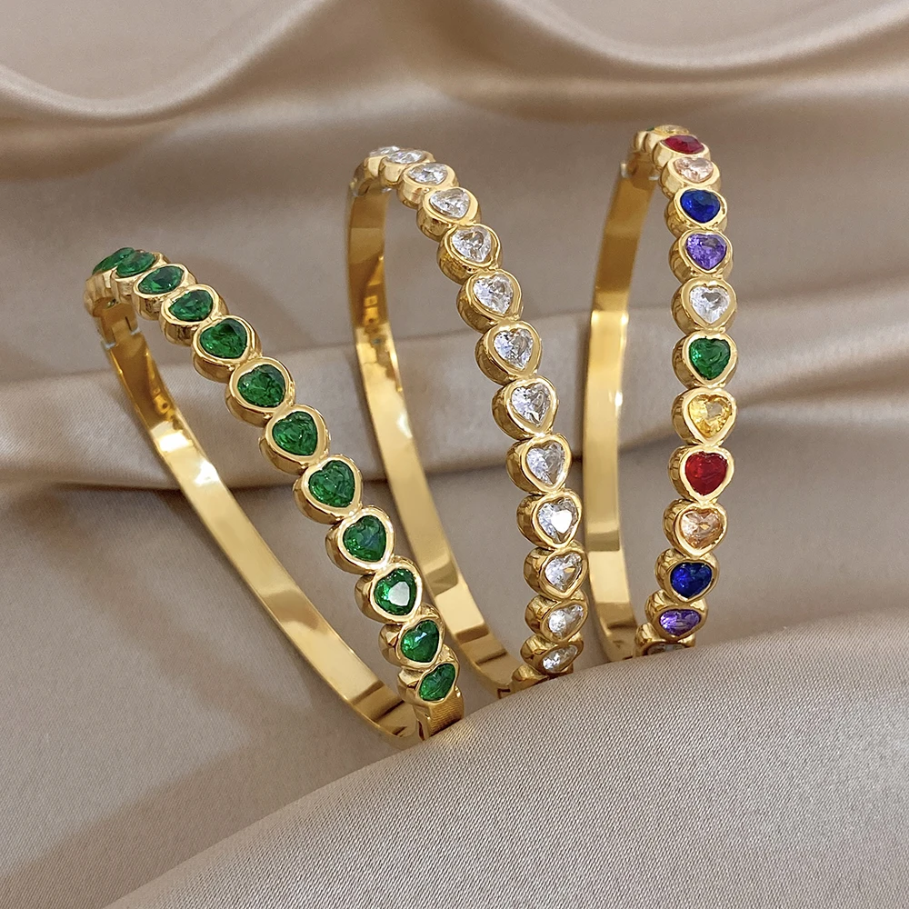 Pulseiras de zircônia em formato de coração colorido, em aço inoxidável banhado a ouro 18K, joia de pulso moderna e elegante, presente para o Dia das Mães.