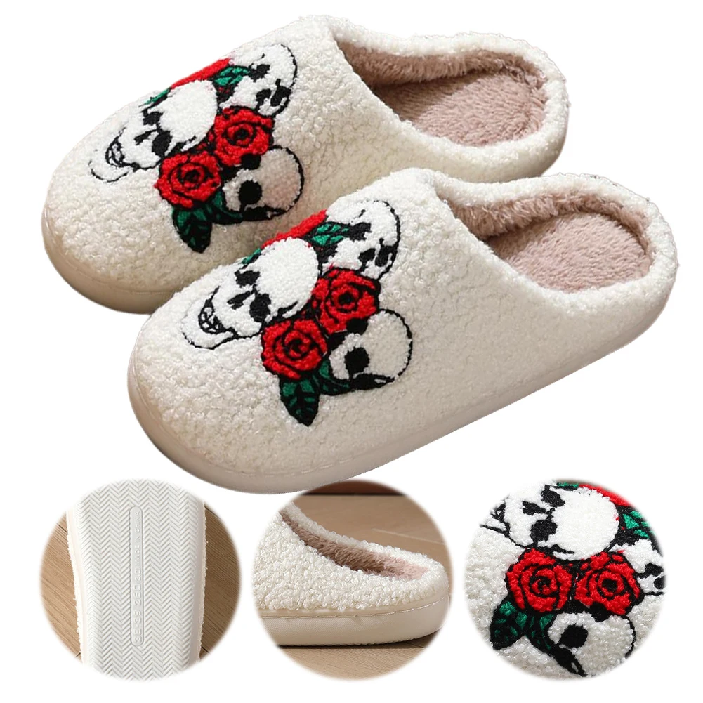 Halloween Plush Slippers Fluffy Home Slippers Comfortable Fuzzy Skull Rose Slippers Anti Slip for Outdoor Indoor Bedroom