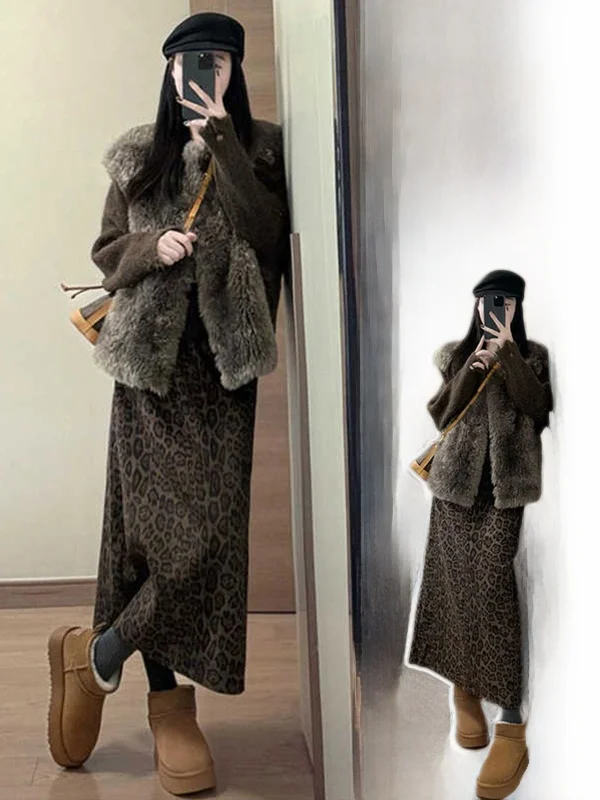 

plus Size Leopard Print Skirt Tee Piece Set High Waist Thiened Winter Coat Casual Wear French Sle Long Sve irt