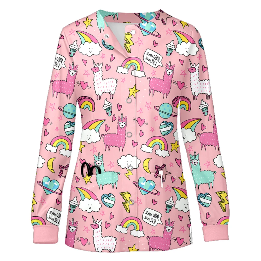 レディースカジュアル医療スクラブジャケットユニフォーム、柔らかく快適なポリエステルスパンデックス、長袖、シングルブレスト、プリント入り歯科医ジャケット