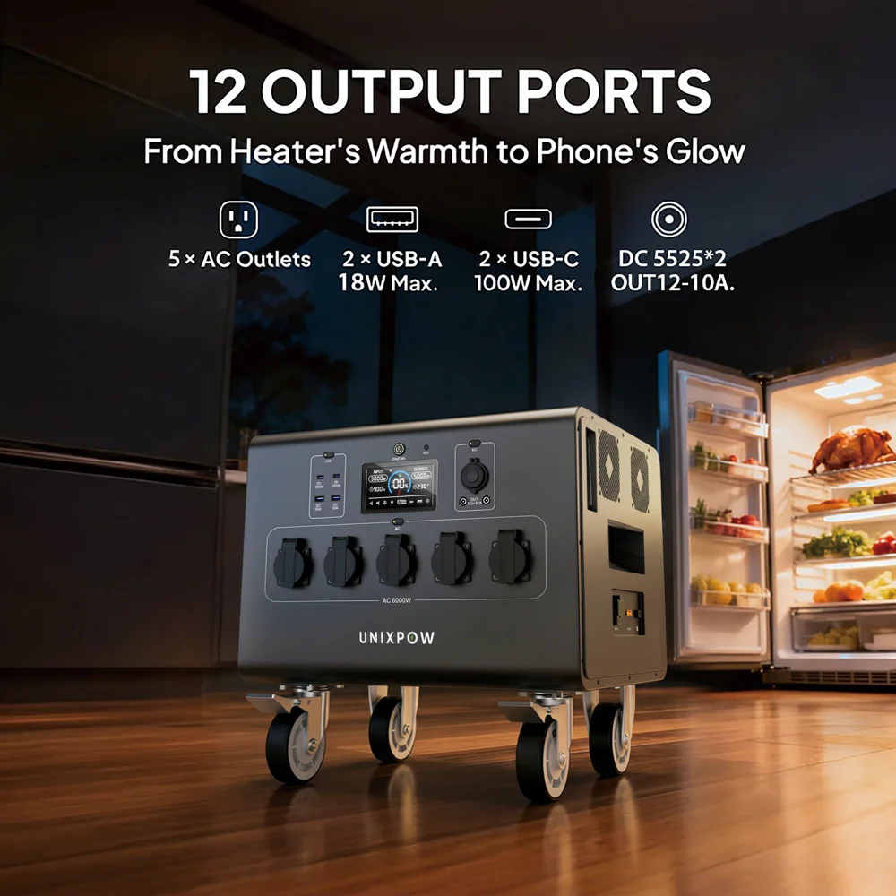 6000W 6092.8WH Portable Power Station LiFePO4 Solar Generator with MPPT Controller Flashlight & Pure Sine Wave for Camping