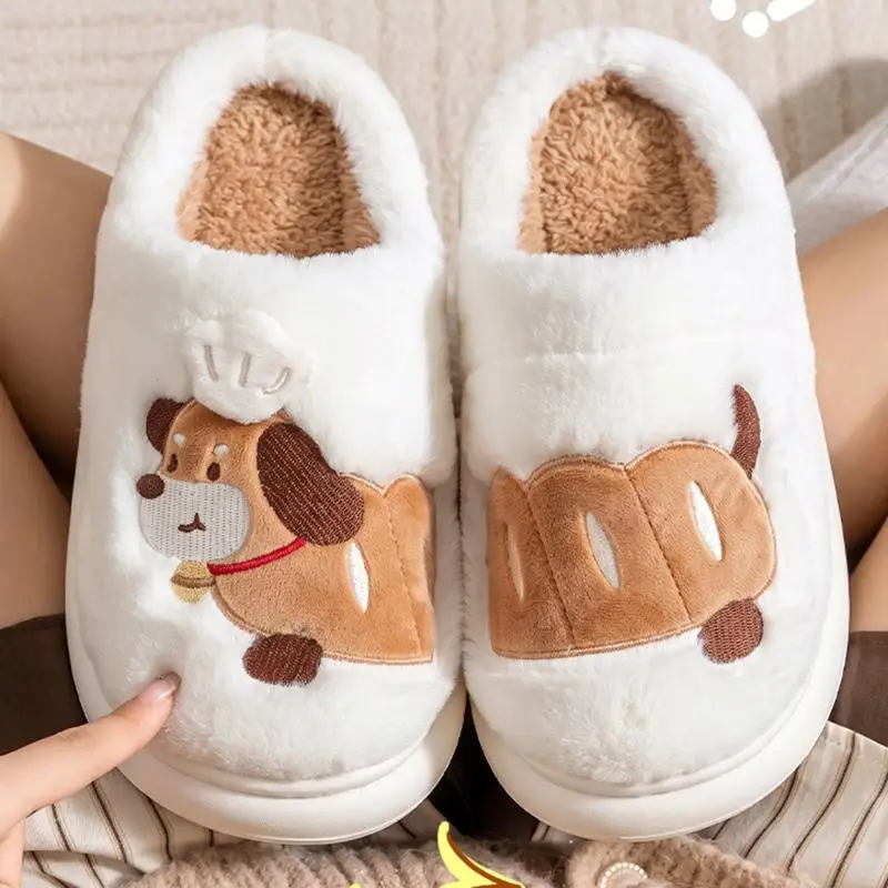 Niedliche Hausschuhe mit Welpenmuster aus Plüsch für Damen, Winter, dicke Sohle, rutschfest, Baumwollschuhe für das Schlafzimmer, gemütliche warme Hausschuhe, Größe 45 – Detail 5