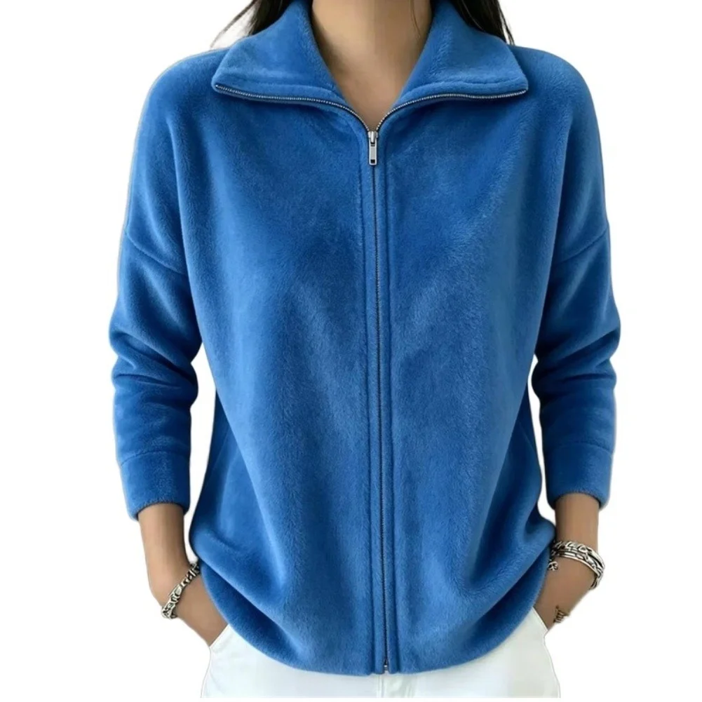 Korean Style for velvet Jacket for Women Solid Color Long Sleeve Zippered Coat Autumn Winter Casual Loose Fit Outerwear