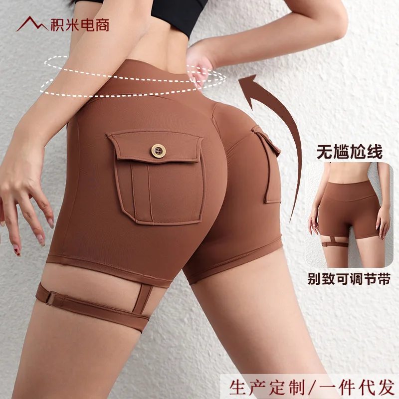 

Шорты с высокой талией, утягивающие, с карманами-карго, для фитнеса, компрессионные, для велоспорта, моделирующие фигуру, бесшовные