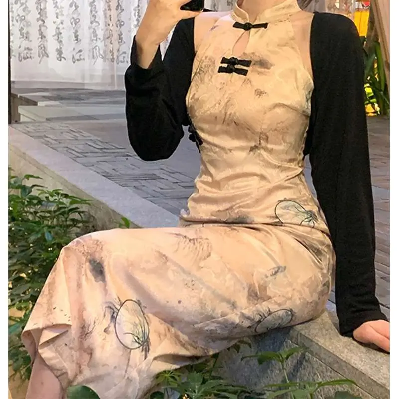 

Retro Modified Women's Summer Jin Qian Meng Yanyu Vintage Sle Svel Color Flag Dr Faionable Ladies' Clothing