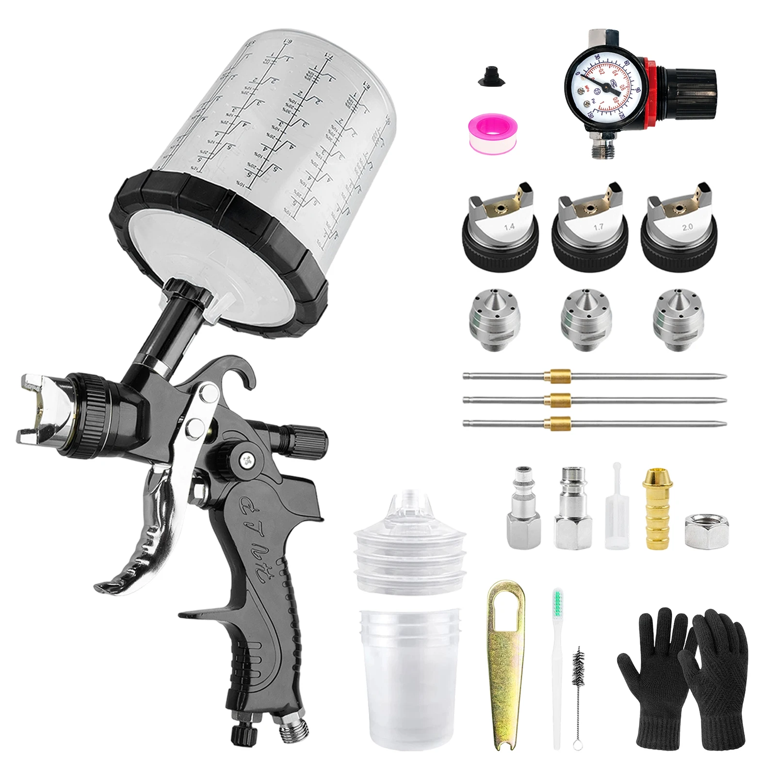 HVLP Spay Gun 1.4/1.7/2.0mm Nozzle Gravity Airbrush For Car Painting Tool 3pcs 650ml No Clean Disposable Measuring Cup