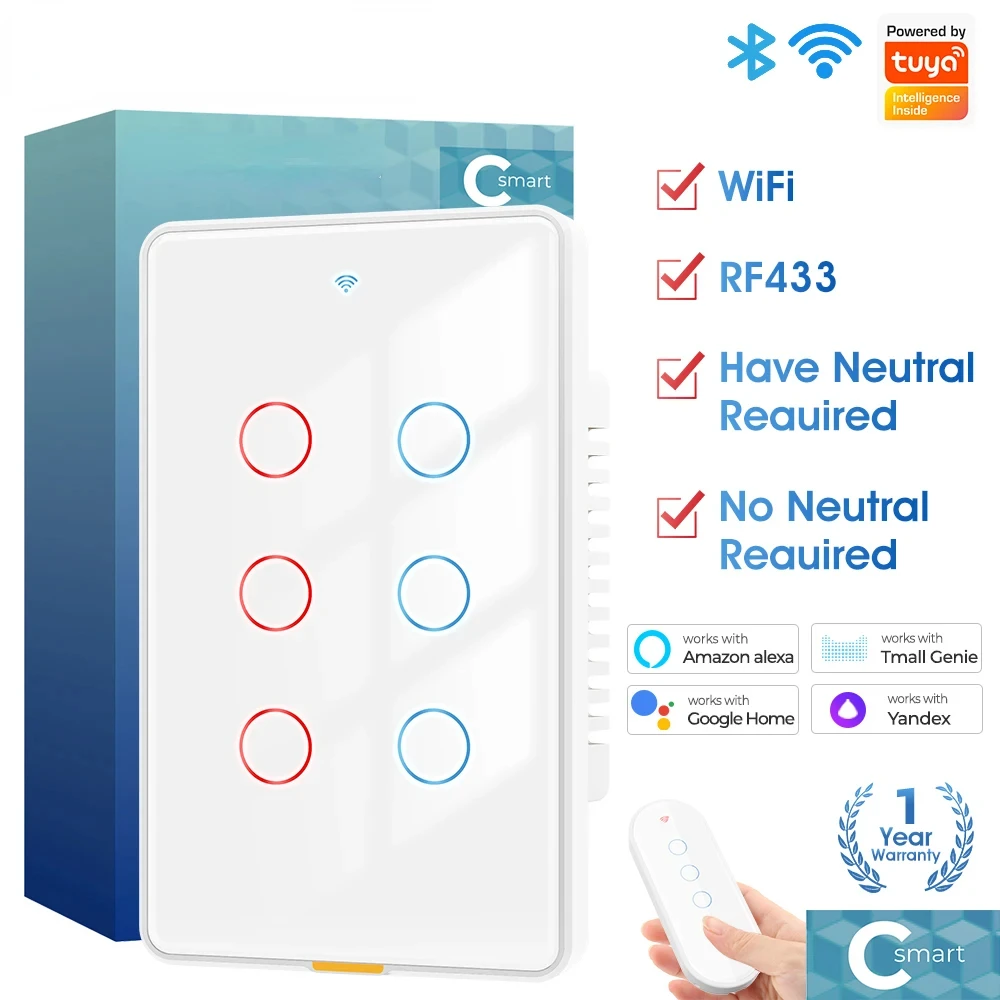

Умный переключатель Tuya без нейтрального провода, беспроводной Wi-Fi RF433, сенсорный переключатель США, 110-240 В, 6-бандовое голосовое приложение для Alexa, Google Home