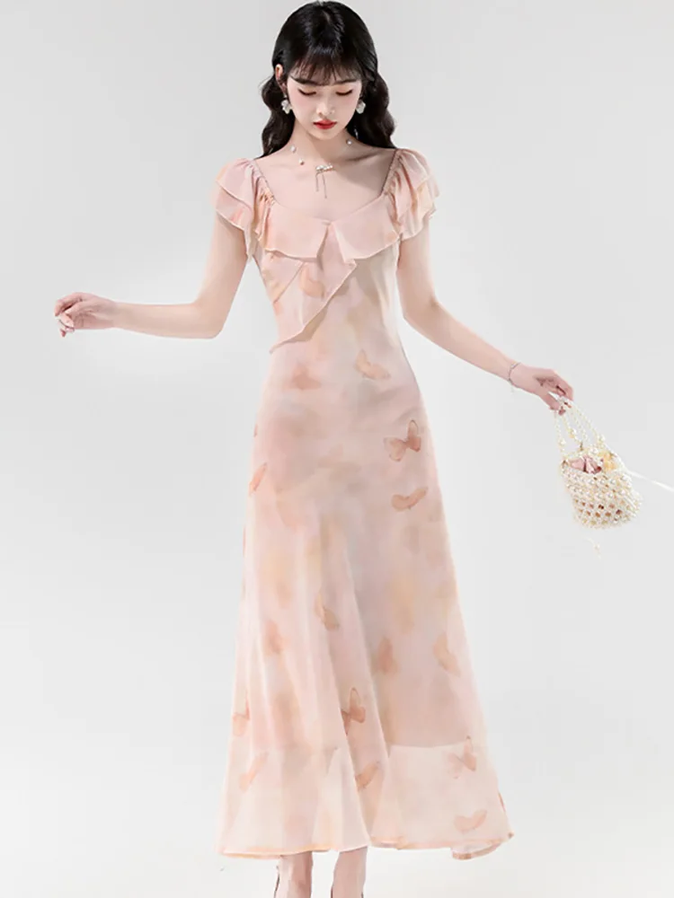 

Summer Pink Floral Ruffled Square Collar Midi Dress Women Elegant Casual Beach Style Dress 2025 Korean Bodycon Festival Vestidos