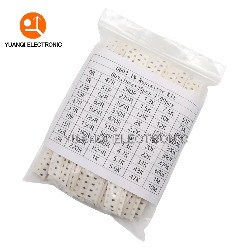 

1500pcs 0603 0805 1206 SMD Resistor Assorted Kit 1R - 10M ohm 1% 60valuesX 25pcs Sample Bag