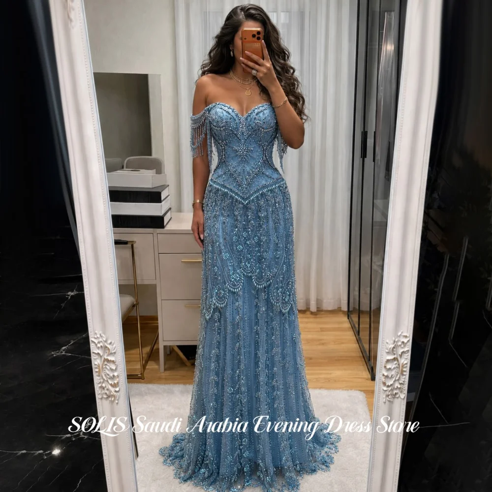 SOLIS Dusty Blue Strapless Prom Gown Sweetheart Heavy Beaded Evening Dress Premium Women A-Line Wedding Party Dress Customized