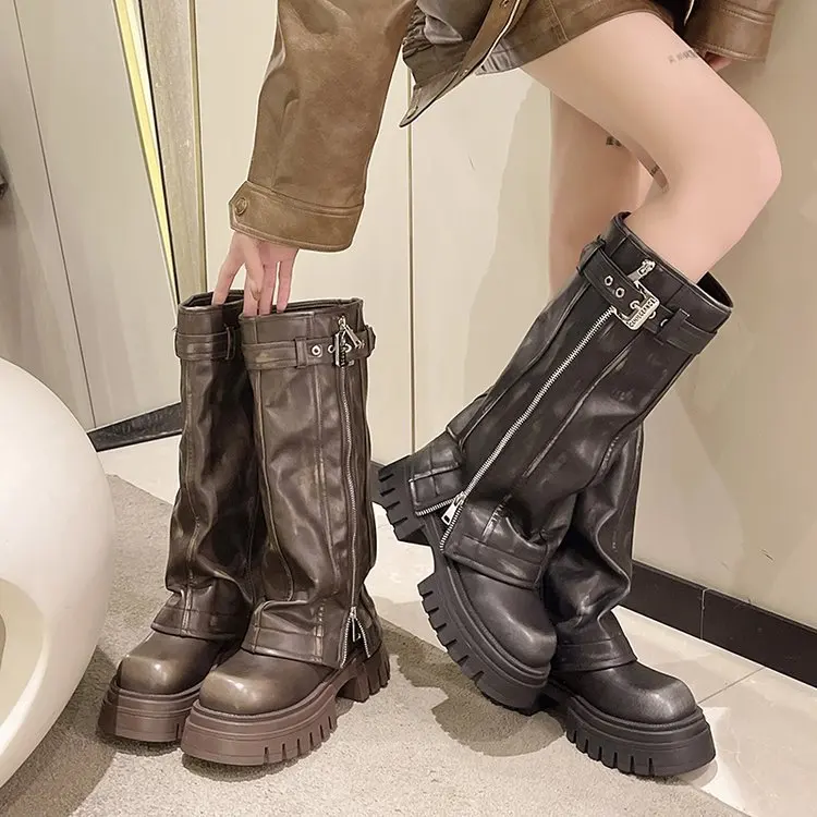 

Women's High-Top Boot Pants Tube Boot Autumn Winter New Brown Thick Bottom Long Boot Vintage Western Cowboy Boot