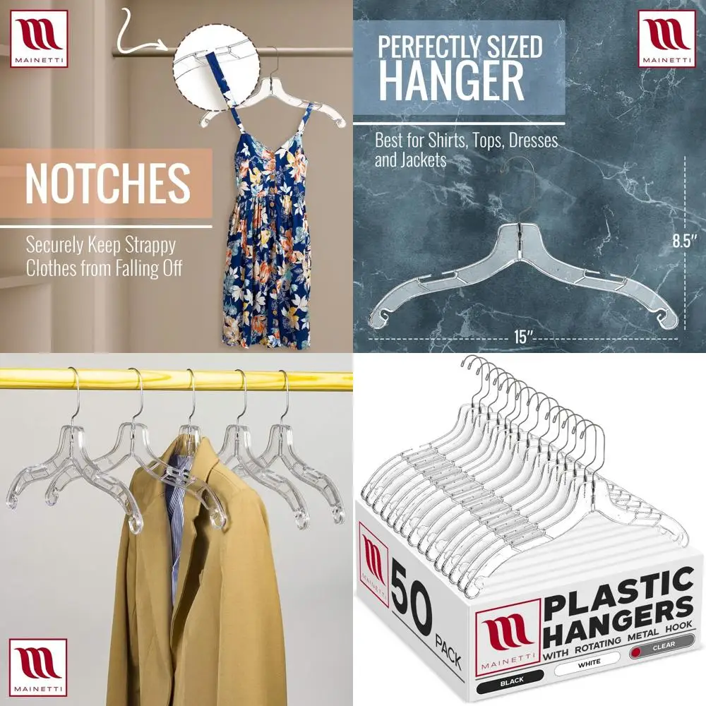 

50-Pack 17-Inch Clear Plastic Hangers with 360° Swivel Hooks and Strap Notches for Clothing