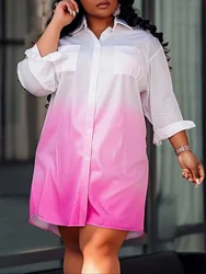 Plus Size 1XL-5XL Women's Fashion Gradient Color Blocked Shirt Loose Casual Lapel Long Sleeved Shirt Simple and Versatile Shirt