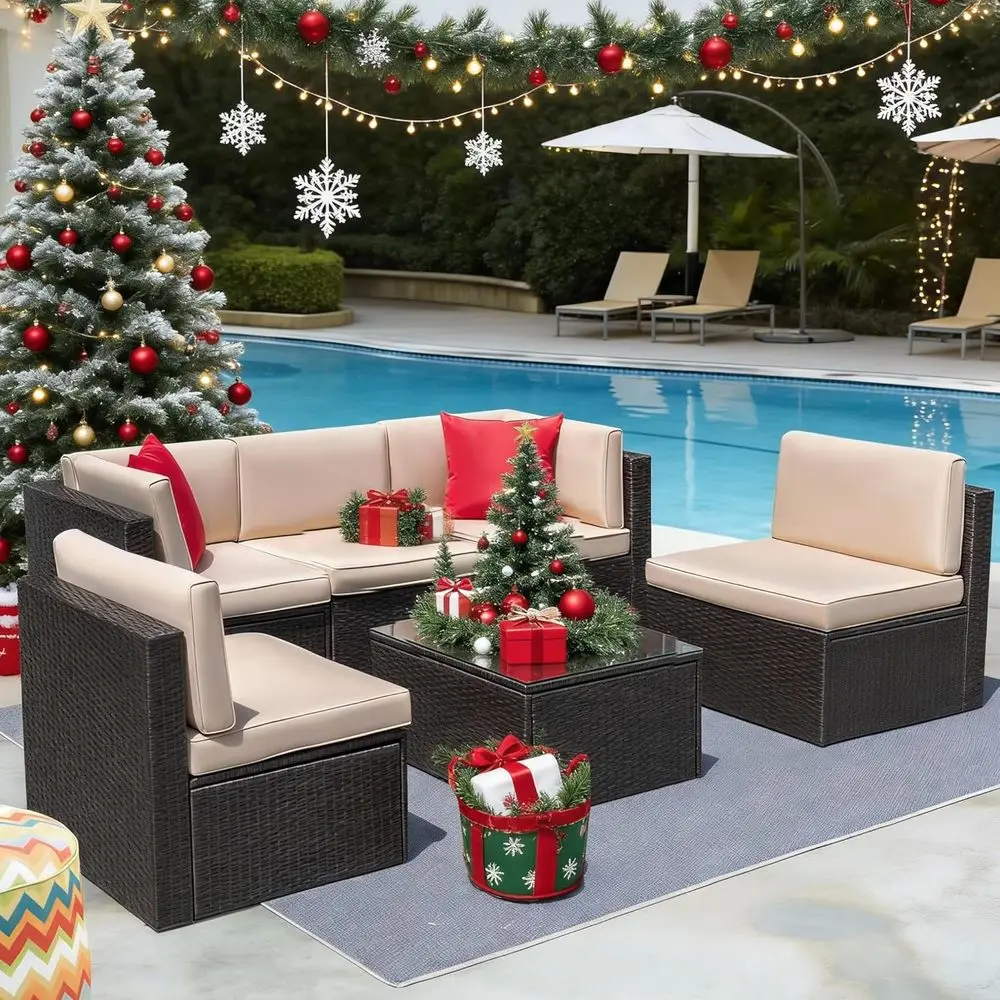 

Наборы мебели для патио, 6-компонентный секционный диван из ротанга для улицы, плетеный набор для бесед в патио с ручным плетением, со стеклянным столом и Cu