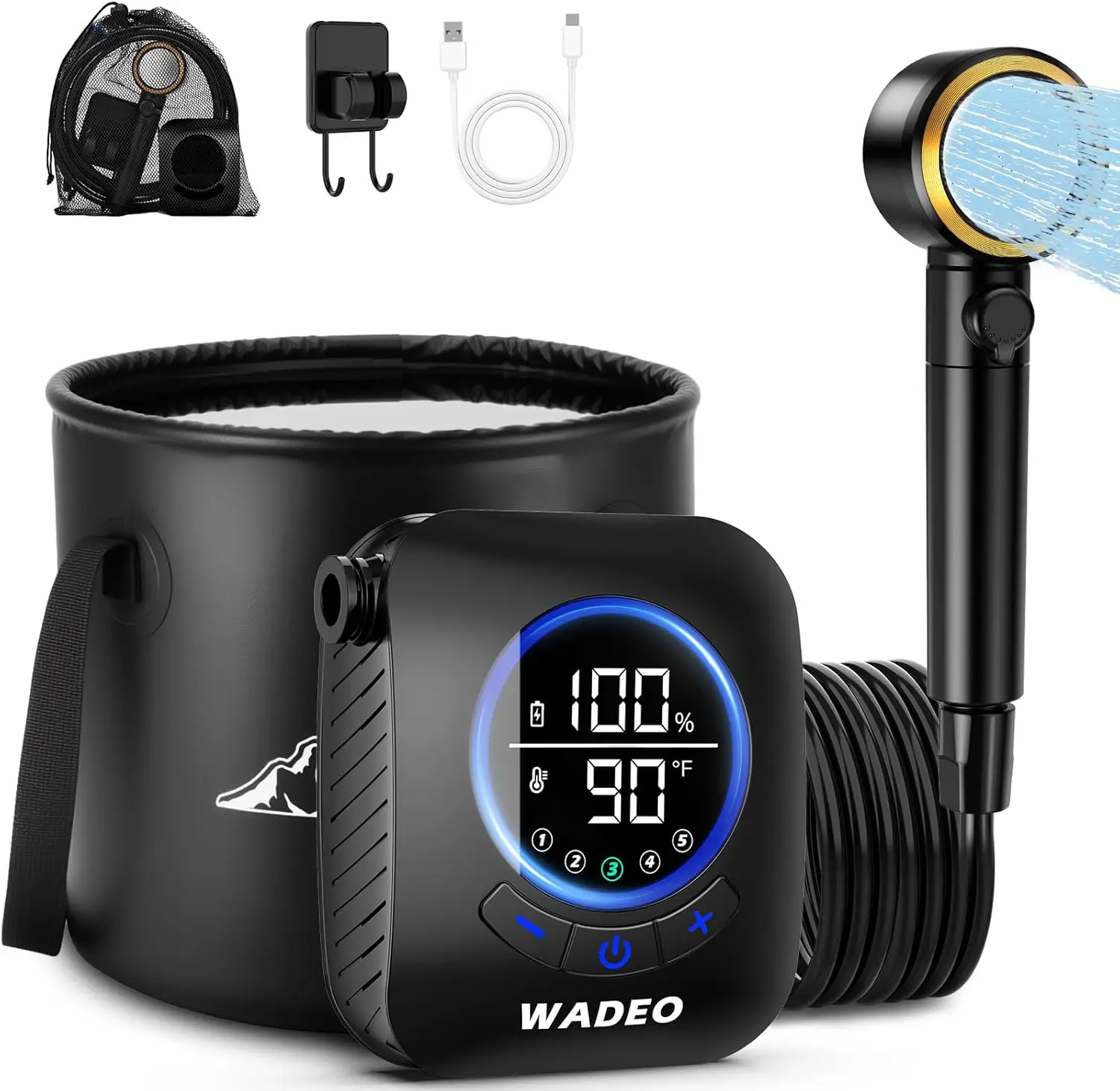 

Portable Camping Shower, 8000mAh Rechargeable, 5 Modes, IPX8, with 5 Gal Bucket