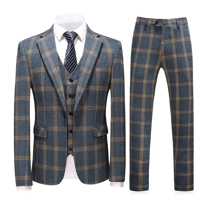 3 Piece Men\'s Suits Check Plaid Suit Single Breasted One Button Jackets Formal Dress Party Prom Casual Tuxedo Suits for Men