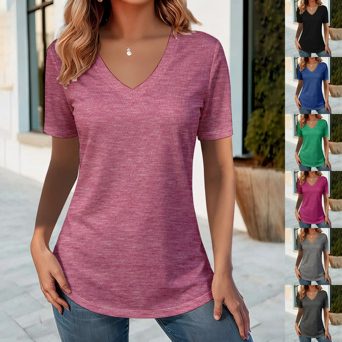 

Summer 2026 New Women's V-neck short sleeve elegant casual Solid color cotton Plus-size T-shirt
