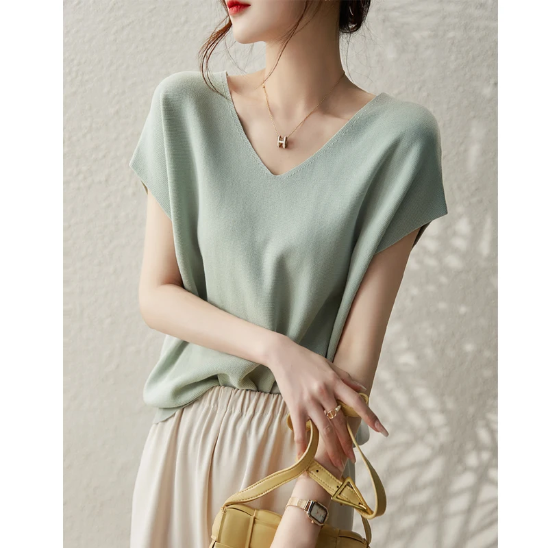 

Outlet Faion Summer Ice Silk ort Sve T-irt Women's Small Fraance Sle Knitted Sweater V-ne Loose Fit Basic Color