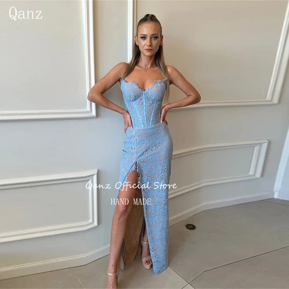 

Qanz Chic Lace Evening Dresses Ligh Blue Appliques Mermaid Party Dress women High Slit Sweetheat Vestidos De Gala Customized