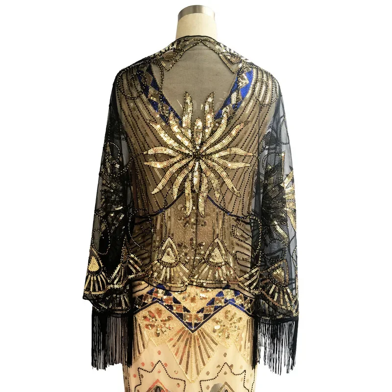 1920s Sequin Beaded Floral Shawl Wraps Fringed Evening Cape Scarf for Wedding Prom Party