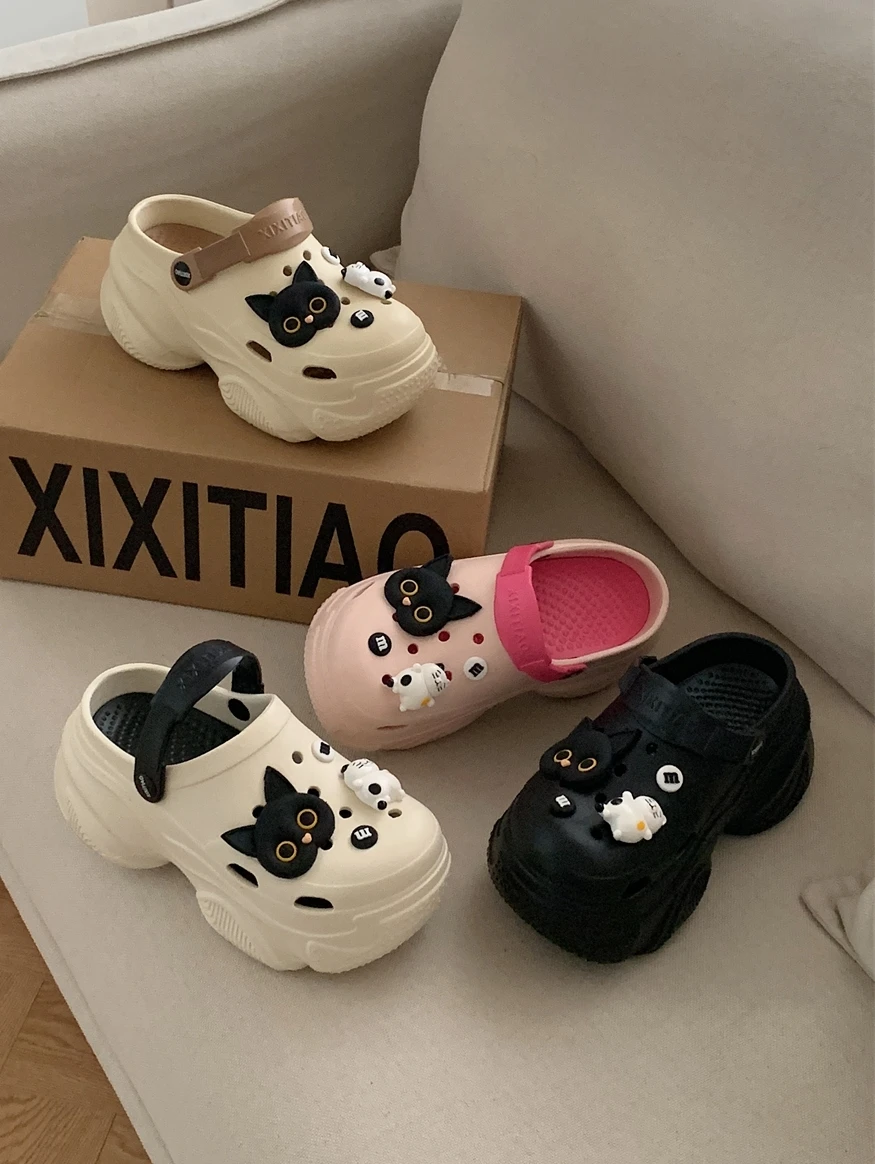 Garden Shoes Man Hole Sandals Black White Cat EVA Thick Soled Slippers Hole Shoes For Women Non Slip DIY Slippers