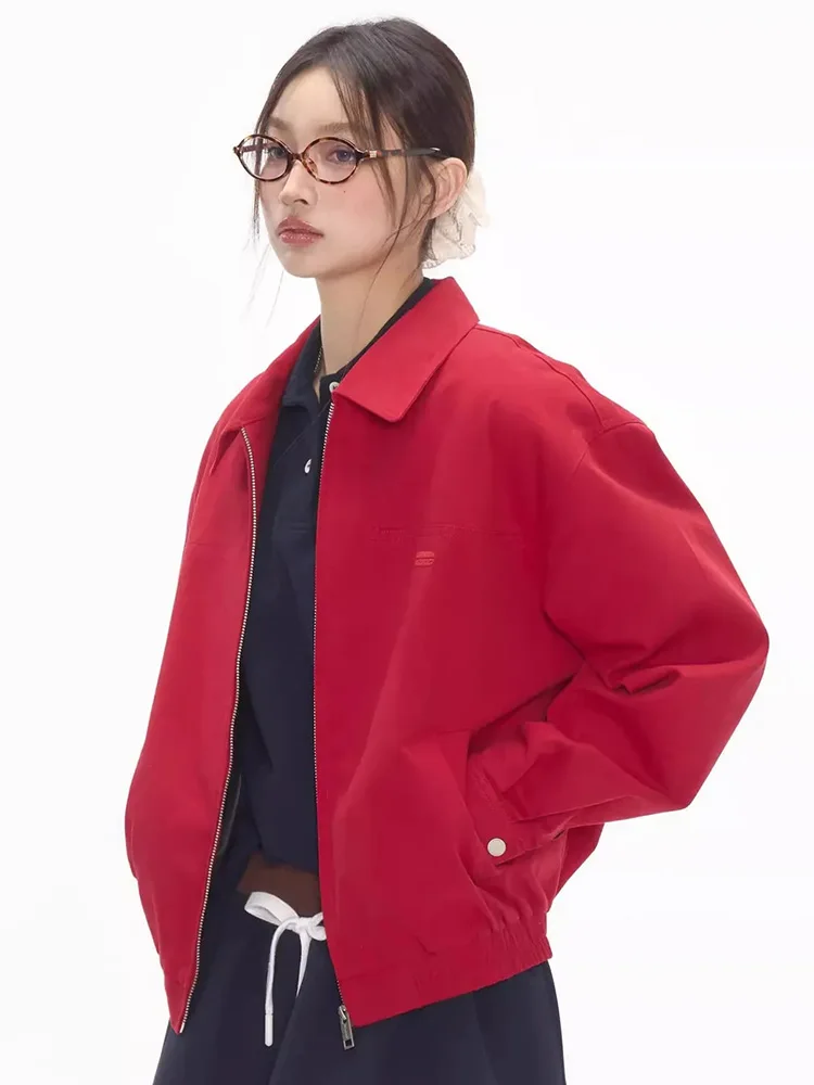 American Christmas Red Cargo Jacket Women Fall Vintage Letter Embroidery Loose Coat Casual Preppy Style Long Sleeve Retro Tops