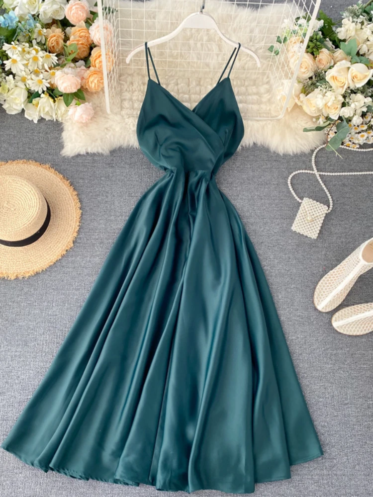 Elegant Beach Long Dress Women Summer Backless Bandage Satin Sexy Party Dresses Vintage Spaghetti Strap Long Robe Vestidos