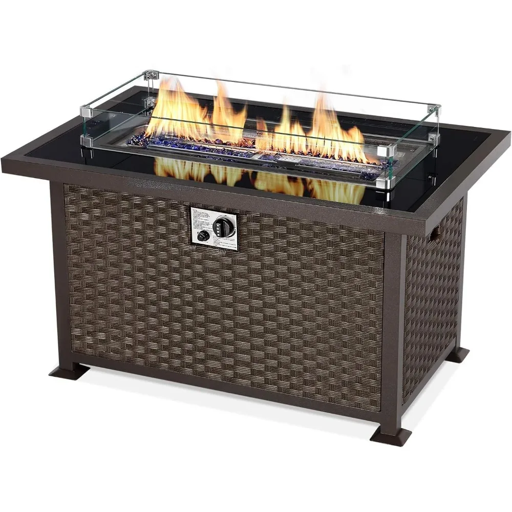 44in Outdoor Propane Gas Fire Pit Table, 50,000 BTU Auto-Ignition Gas Firepit, Black Tempered Glass Tabletop & Blue Glass Rock