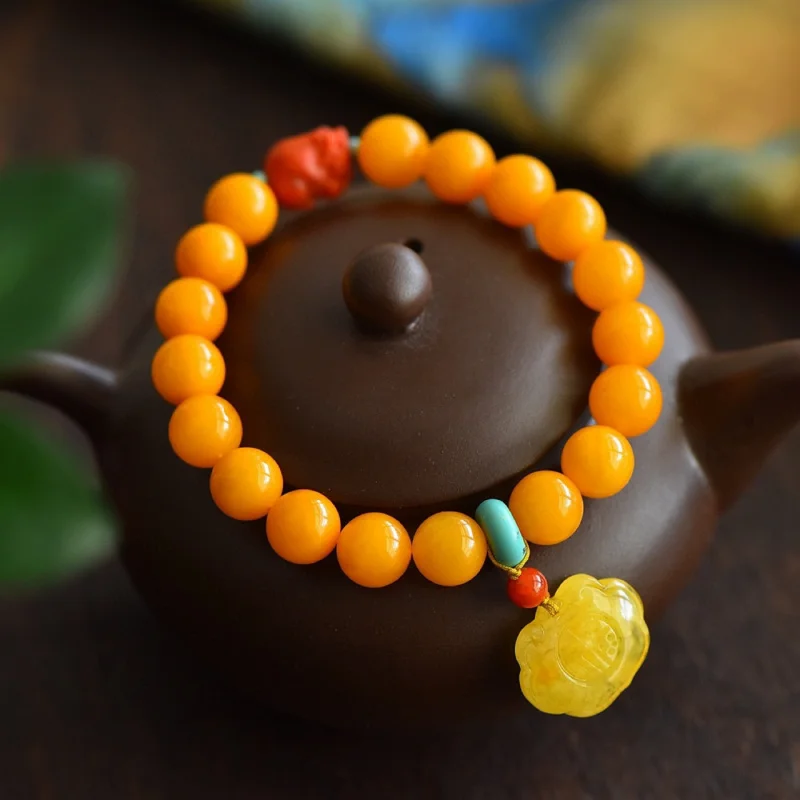 

Natural Amber Bracelet with Thick , Honey Chicken Oil Yellow Old Flower Wax 9.1mm
