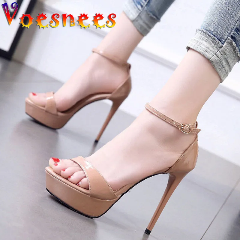 Sexy One Word Band Women Stiletto Shoes Summer Pure Colour Buckle Strap Platform High Heels 12CM Super High Heel Catwalk Sandals