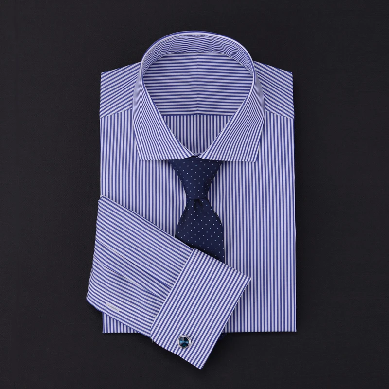 Camisa con puños franceses para hombre, camisa de 100% algodón a rayas, ajustada, para gerente de negocios, cuello recto, de manga larga, británica