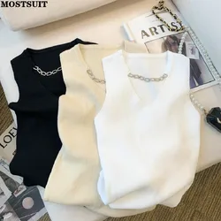 Summer Stylish V-neck Slim Knitted Vests For Women Sleeveless Chain Patchwork Ice Silk Tops Knitwear Solid Fashion Tshirt Vests