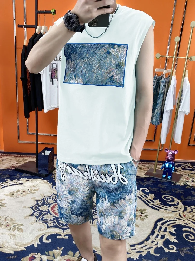 Conjunto de Chaleco y Pantalones Cortos Casuales de Verano para Hombre, Traje de Dos Piezas de Marca de Alta Gama, Ropa Deportiva Cómoda de Mezcla de Algodón y Poliéster para Jóvenes