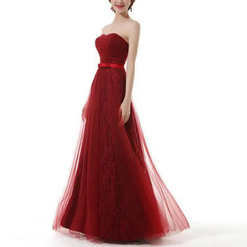 Wijn Rode Lange Avondjurken Sexy Strapless Mouwloze Prom Dress Met Strik Ceintuur Klassiek Een Lijn Tule Vestido De Noche