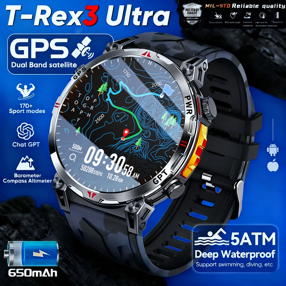 

T-Rex 3 Pro Military Grade AGPS Smart Watch 5ATM Waterproof Dual-band GNSS Compass Altimeter AMOLED Swim Sports Smart Watch Men