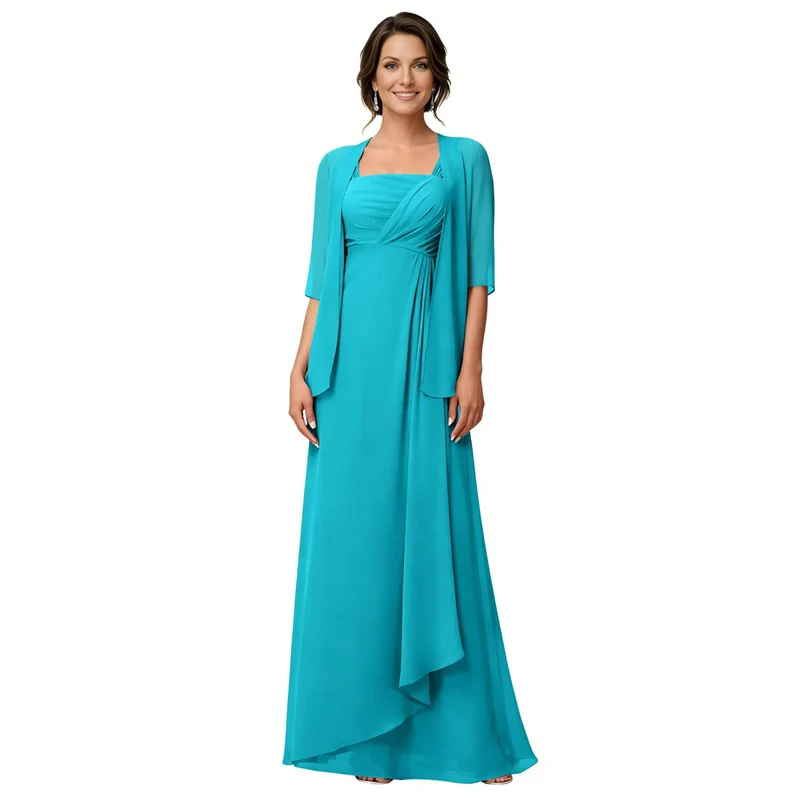 A Line Chiffon Pleat Mother Of The Bride Dress With Jacket Outfits Evening Formal Prom Floor Length Zipper Plus Size