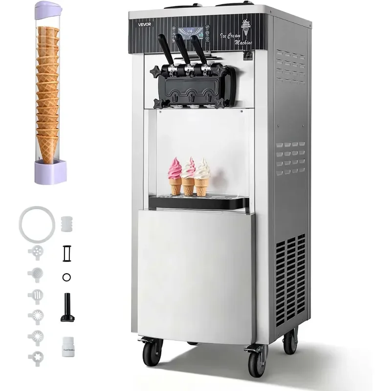 Commercial Ice Cream Machine 20-28L/H Yield 2200W 3-Flavor Freestanding Soft Serve Ice Cream Maker with 2 x 6L Hoppers &