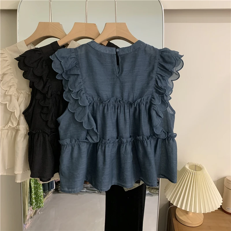 Korean Sweet Ruffles Blouse Women Summer O Neck Flying Sleeve Shirt Vintage Elegant Cute Tops