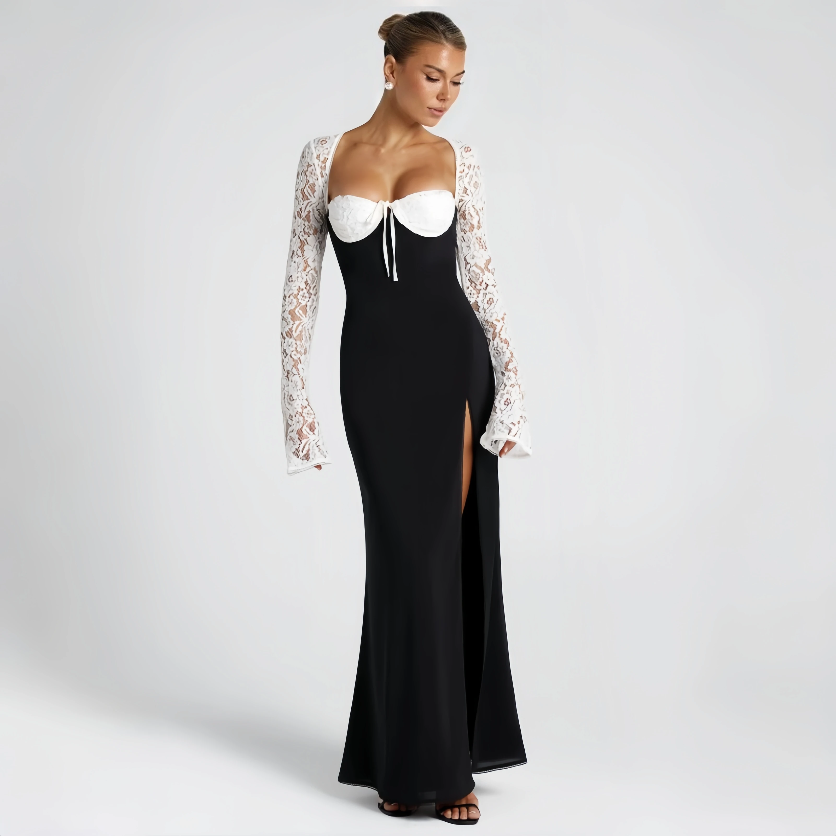 

2026 Lace Long Sleeve Maxi Dress Elegant Sweetheart Neck Bodycon Mermaid Evening Gown Split Formal Party Dress Wedding Guest
