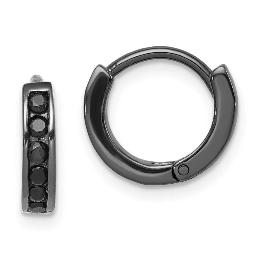 

Sterling Silver Black RHplated Black CZ Hinged Round Hoop Earrings