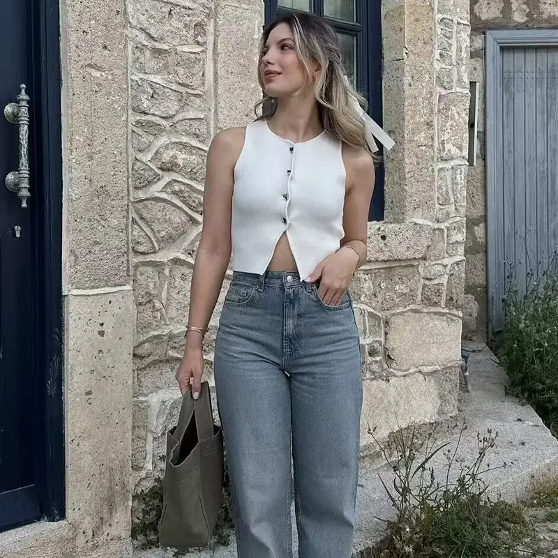 

White Knitted Sweater Crop Top Women Button Short Tops Woman 2025 Summer Tanks Camis Tops for Women Streetwear Vest Waistcoat