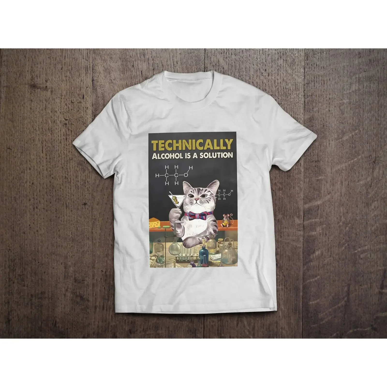Alcohol is a Solution Funny Chemistry Cute Cat Heavyweight cotton unisex t shirt with print tee top vintage Washed Comfortable