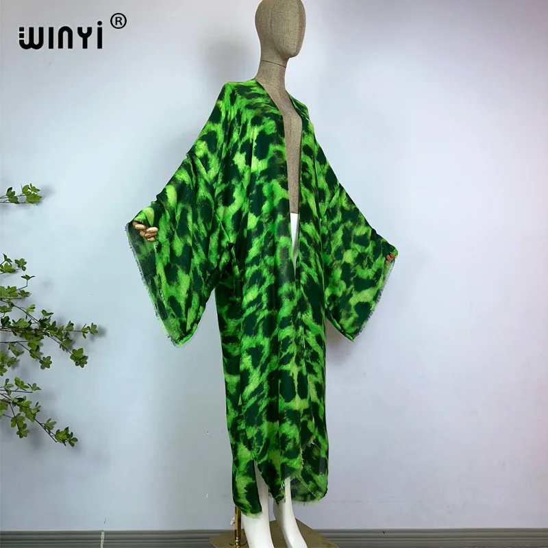 WINYI kimono summer leopard print vestidos Bikini Cover-up Elegant Cardigan sexy Holiday maxi beach swimsuit evening party dress