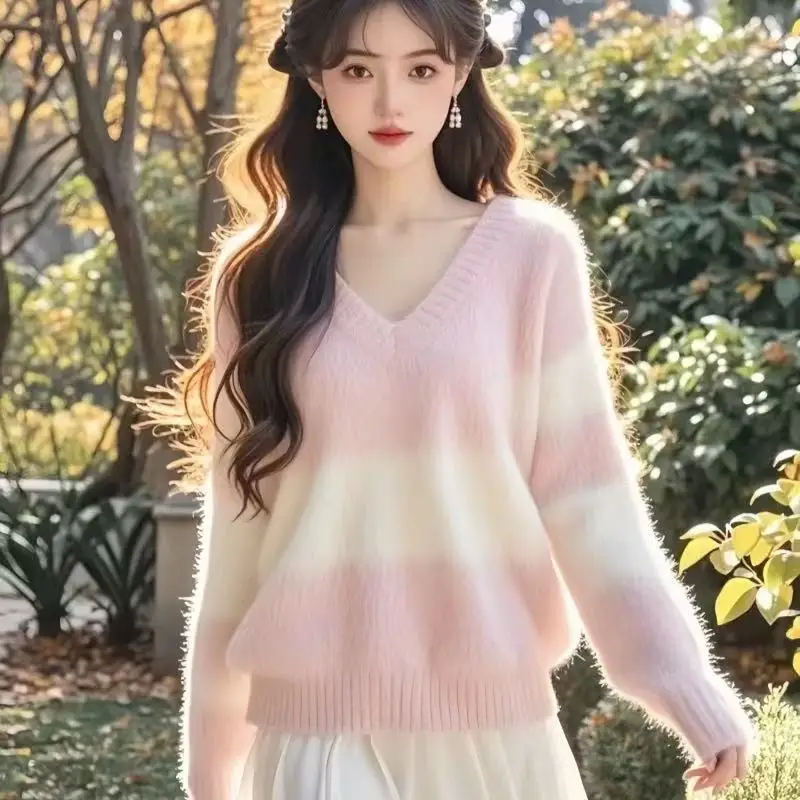 

Knit Women's Sweater Korean Winter Clothing Fashion Loose Autumn Leisure Jumpers Stripe Long Sleeves Women Pullover