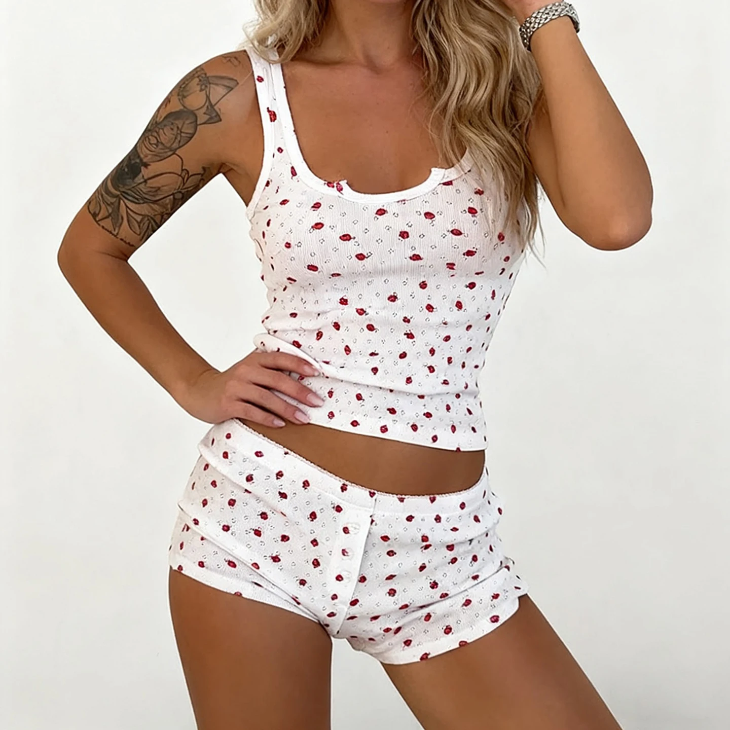 

Sweet Fruit Printed Shorts Sets Women Housewear Casual Basic 2 Piece Sets O-Neck Sleeveless Tank Tops Low-Waisted Shorts Ladies