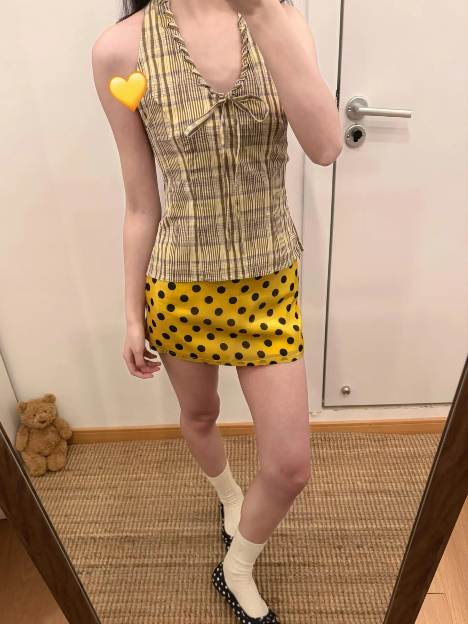 American Retro Yellow Polka Dot A-Line  Skirt Women's Summer New All-Match Side Zipper Slimming A-Line Short Skirt Pants