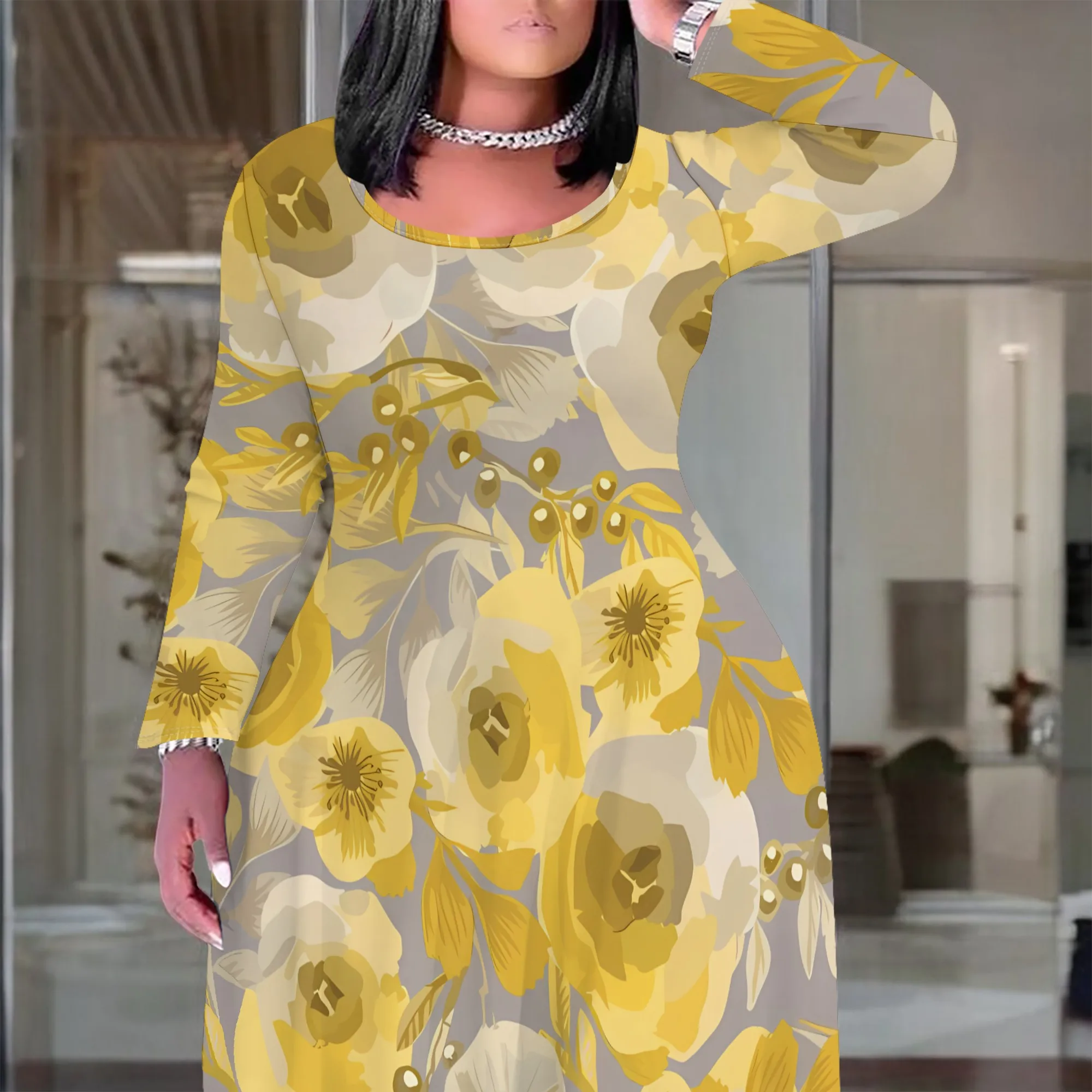 Nupusa geelgrijze bloemenprintjurk voor dames plus maat zomer casual maxi-jurk met ronde hals en lange mouwen
