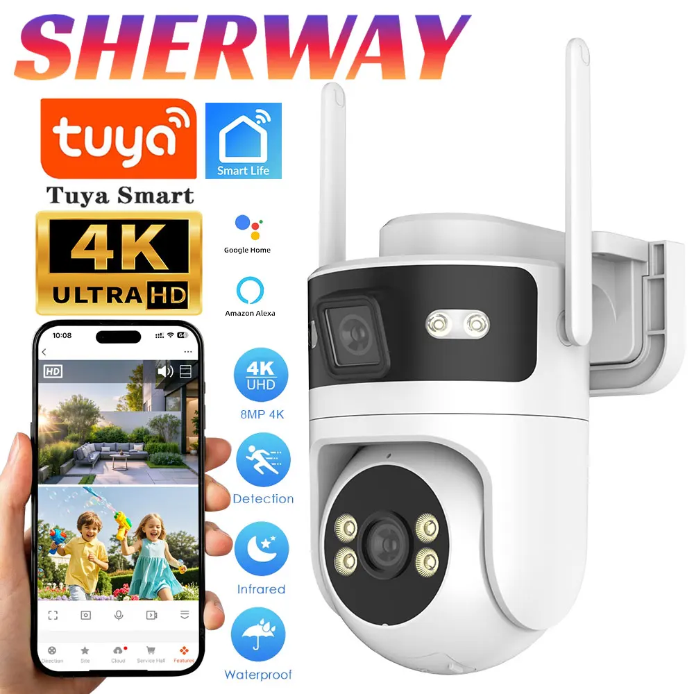 

Tuya 4K HD Dual Lens Wifi IP Camera PTZ Outdoor Waterproof Dual Screen Home Security-protection Color Night Vision Surveillance