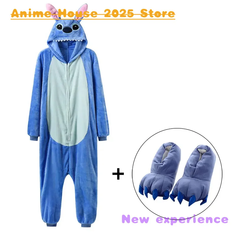 2025 Animation Costume Unisex Zipper Onesie Blue Pajama Animal Kigurumis Women Winter Warm Sleep Suit Couple Overall Soft Flanne