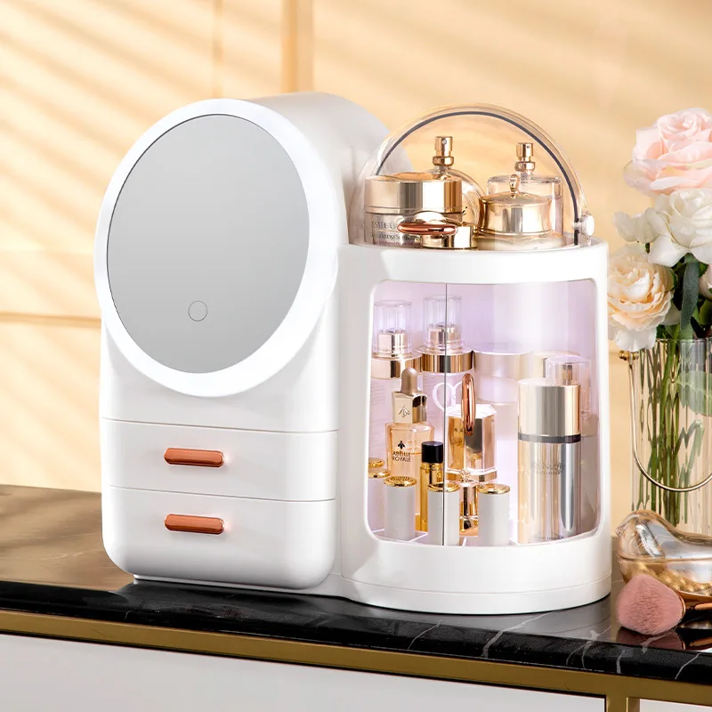 Rotating cosmetic storage box with mirror integrated with lamp large capacity advanced sensory packaging skin care product